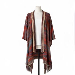 Woven Heart Boho Aztec Cardigan L Fringe Open Front Long Duster Southwest Cozy